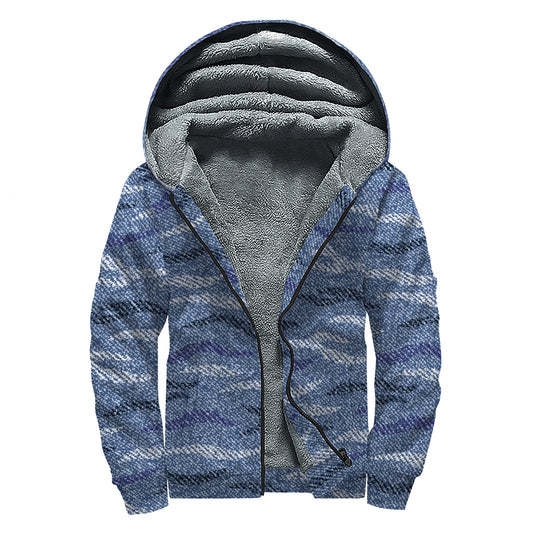 Camo Denim Jeans Pattern Print Sherpa Lined Zip Up Hoodie