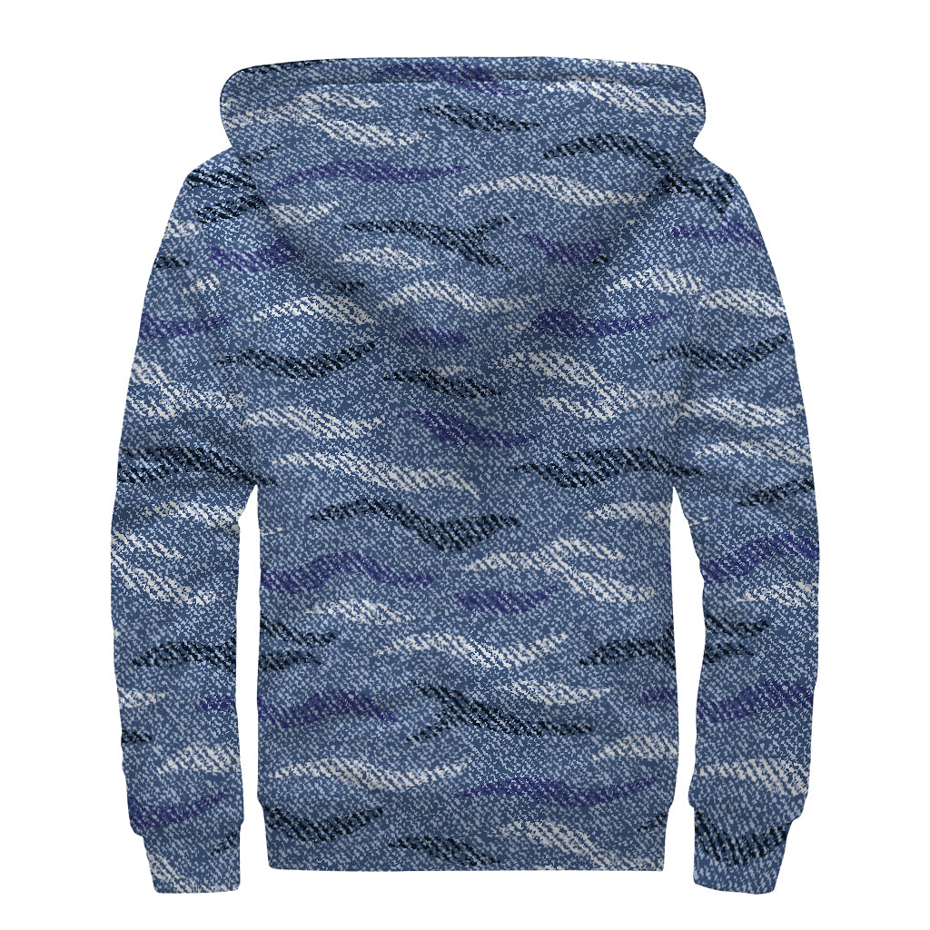 Camo Denim Jeans Pattern Print Sherpa Lined Zip Up Hoodie
