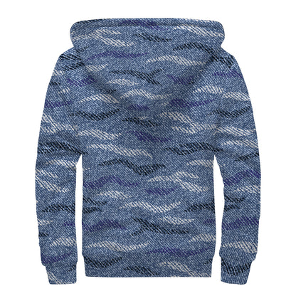 Camo Denim Jeans Pattern Print Sherpa Lined Zip Up Hoodie