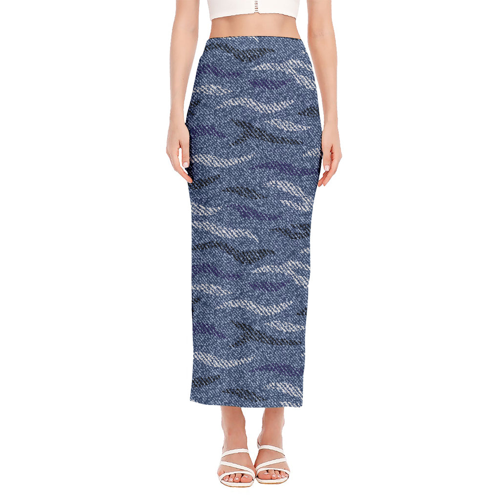 Camo Denim Jeans Pattern Print Side Slit Maxi Skirt
