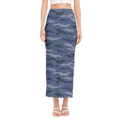 Camo Denim Jeans Pattern Print Side Slit Maxi Skirt