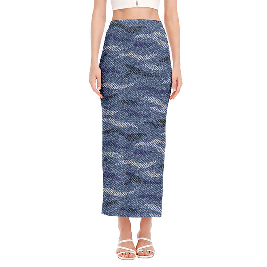 Camo Denim Jeans Pattern Print Side Slit Maxi Skirt