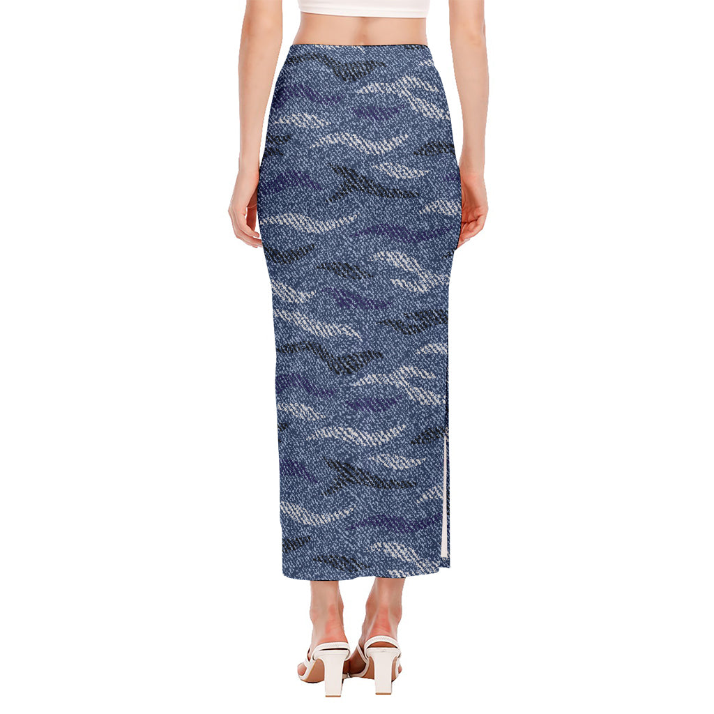 Camo Denim Jeans Pattern Print Side Slit Maxi Skirt