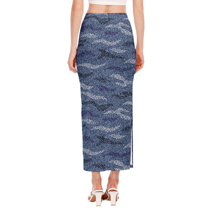 Camo Denim Jeans Pattern Print Side Slit Maxi Skirt