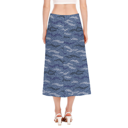 Camo Denim Jeans Pattern Print Side Slit Midi Skirt