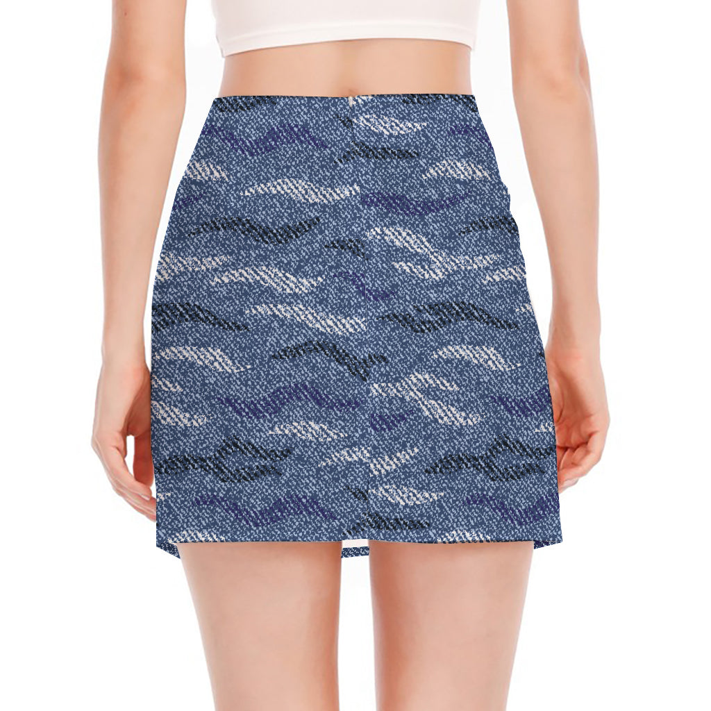 Camo Denim Jeans Pattern Print Side Slit Mini Skirt