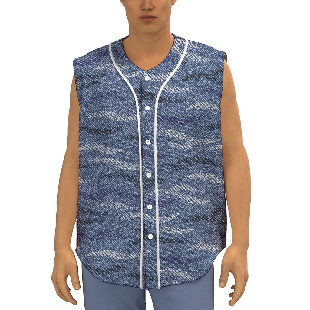 Camo Denim Jeans Pattern Print Sleeveless Baseball Jersey