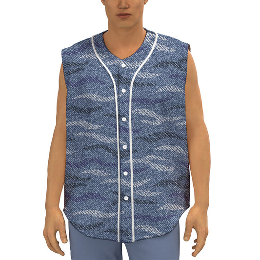 Camo Denim Jeans Pattern Print Sleeveless Baseball Jersey