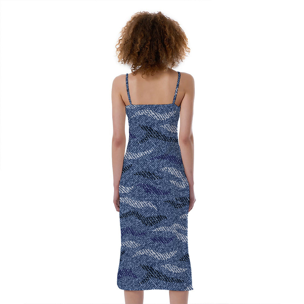 Camo Denim Jeans Pattern Print Slim Fit Midi Cami Dress