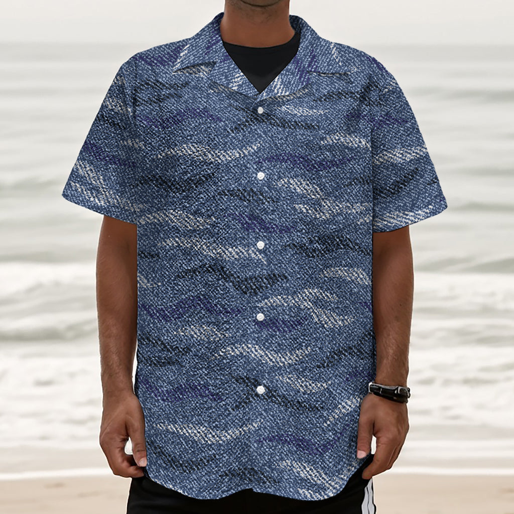Camo Denim Jeans Pattern Print Textured Short Sleeve Shirt