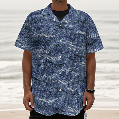 Camo Denim Jeans Pattern Print Textured Short Sleeve Shirt