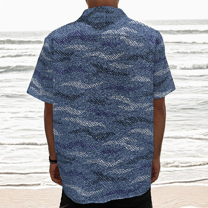 Camo Denim Jeans Pattern Print Textured Short Sleeve Shirt