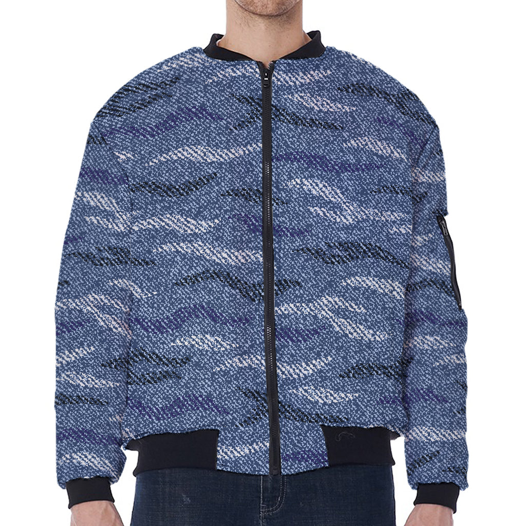 Camo Denim Jeans Pattern Print Zip Sleeve Bomber Jacket