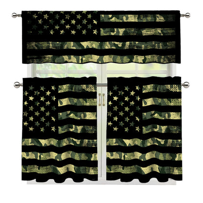 Camouflage American Flag Print 3 Piece Kitchen Curtains