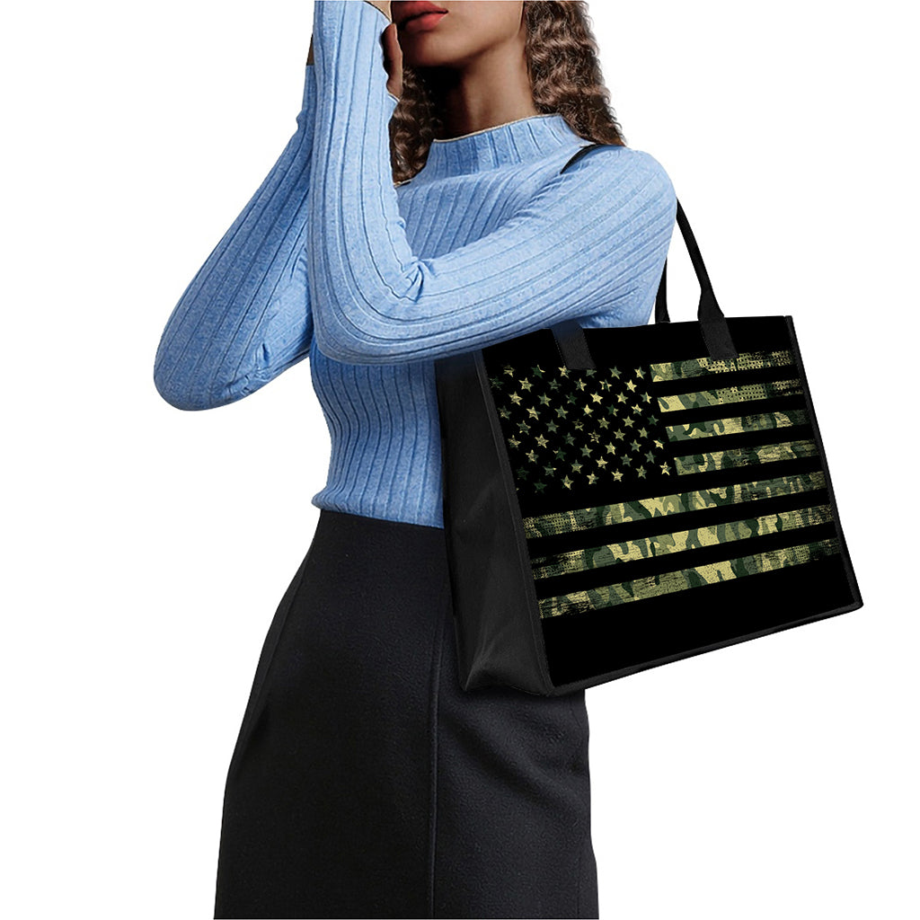 Camouflage American Flag Print Canvas Tote Bag