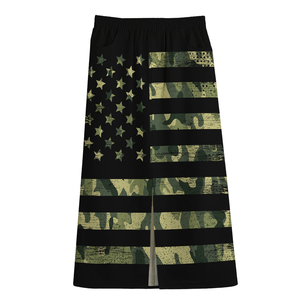 Camouflage American Flag Print Cotton Front Slit Maxi Skirt