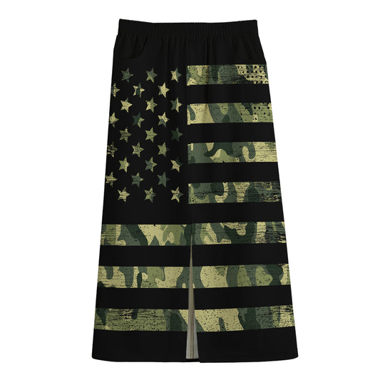 Camouflage American Flag Print Cotton Front Slit Maxi Skirt