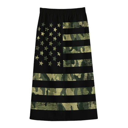 Camouflage American Flag Print Cotton Front Slit Maxi Skirt