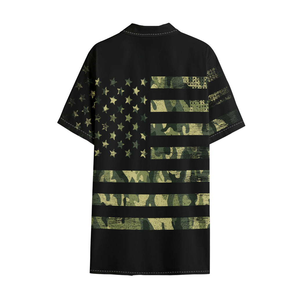 Camouflage American Flag Print Cotton Hawaiian Shirt