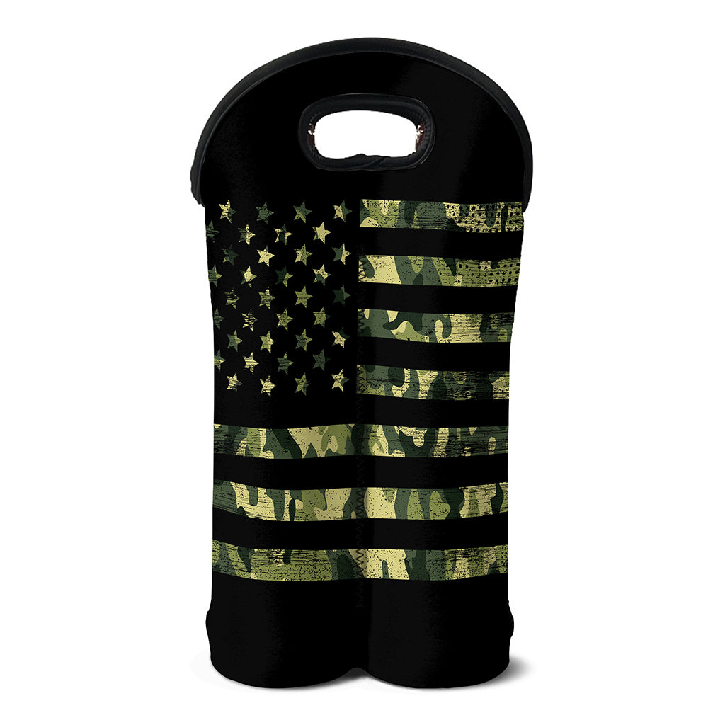 Camouflage American Flag Print Double Neoprene Wine Tote