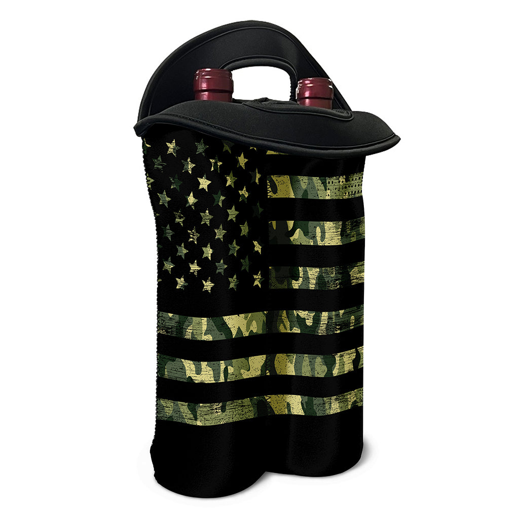 Camouflage American Flag Print Double Neoprene Wine Tote