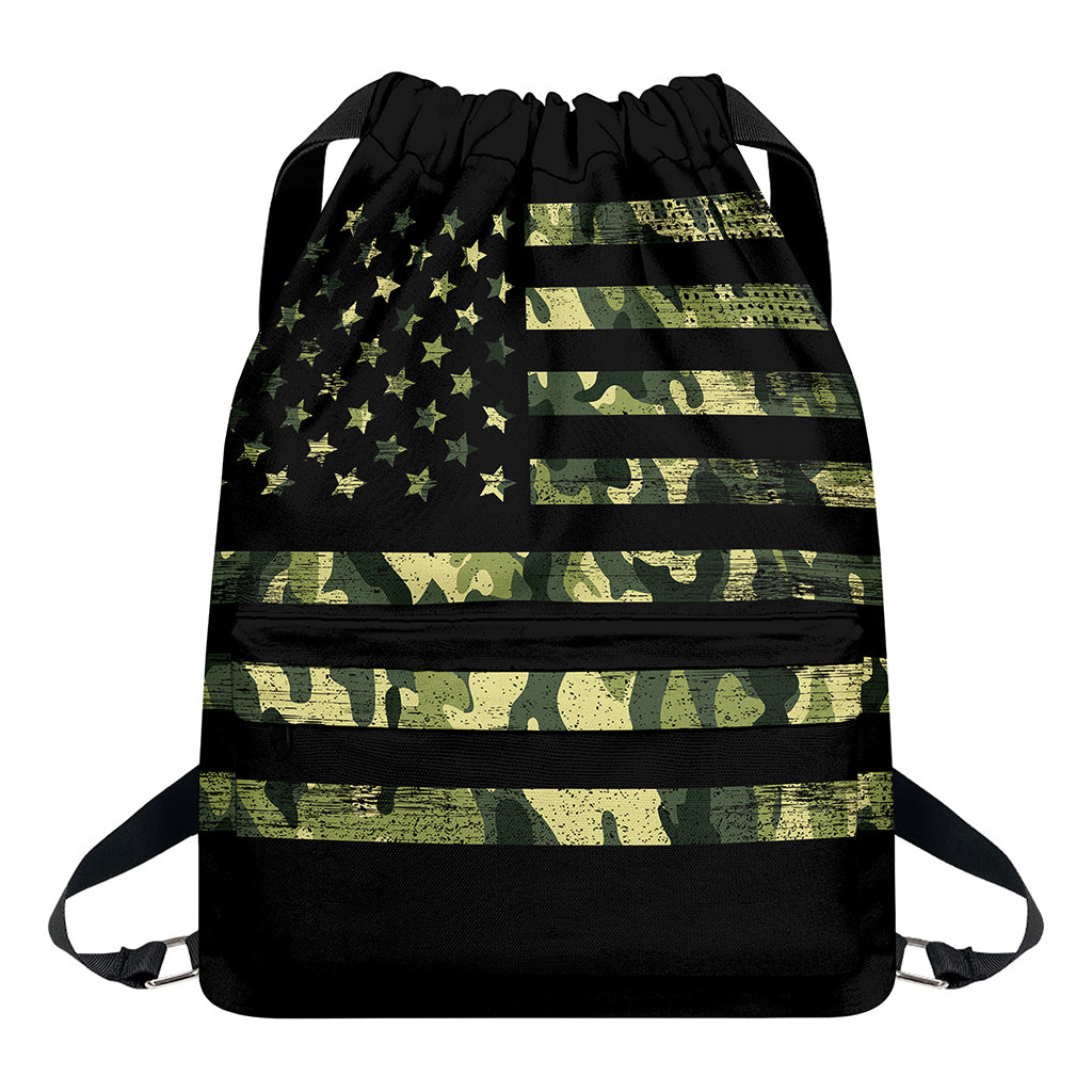 Camouflage American Flag Print Drawstring Backpack
