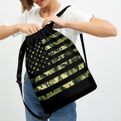 Camouflage American Flag Print Drawstring Backpack