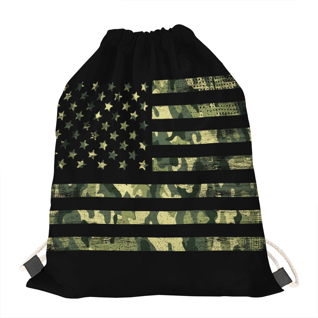 Camouflage American Flag Print Drawstring Bag