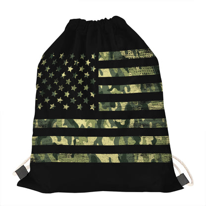 Camouflage American Flag Print Drawstring Bag