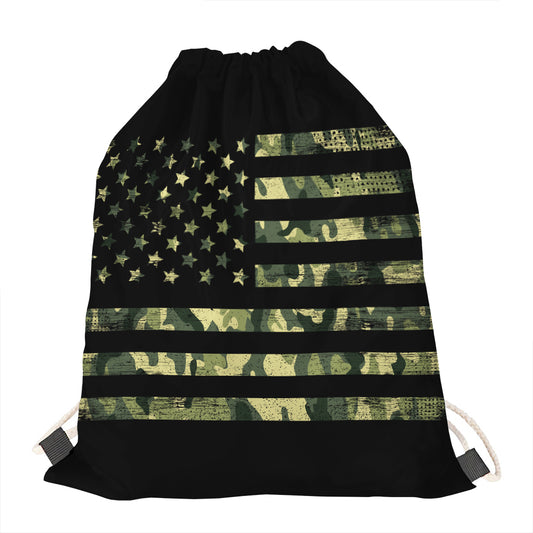 Camouflage American Flag Print Drawstring Bag