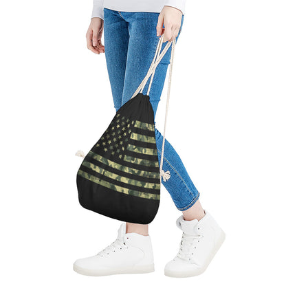 Camouflage American Flag Print Drawstring Bag