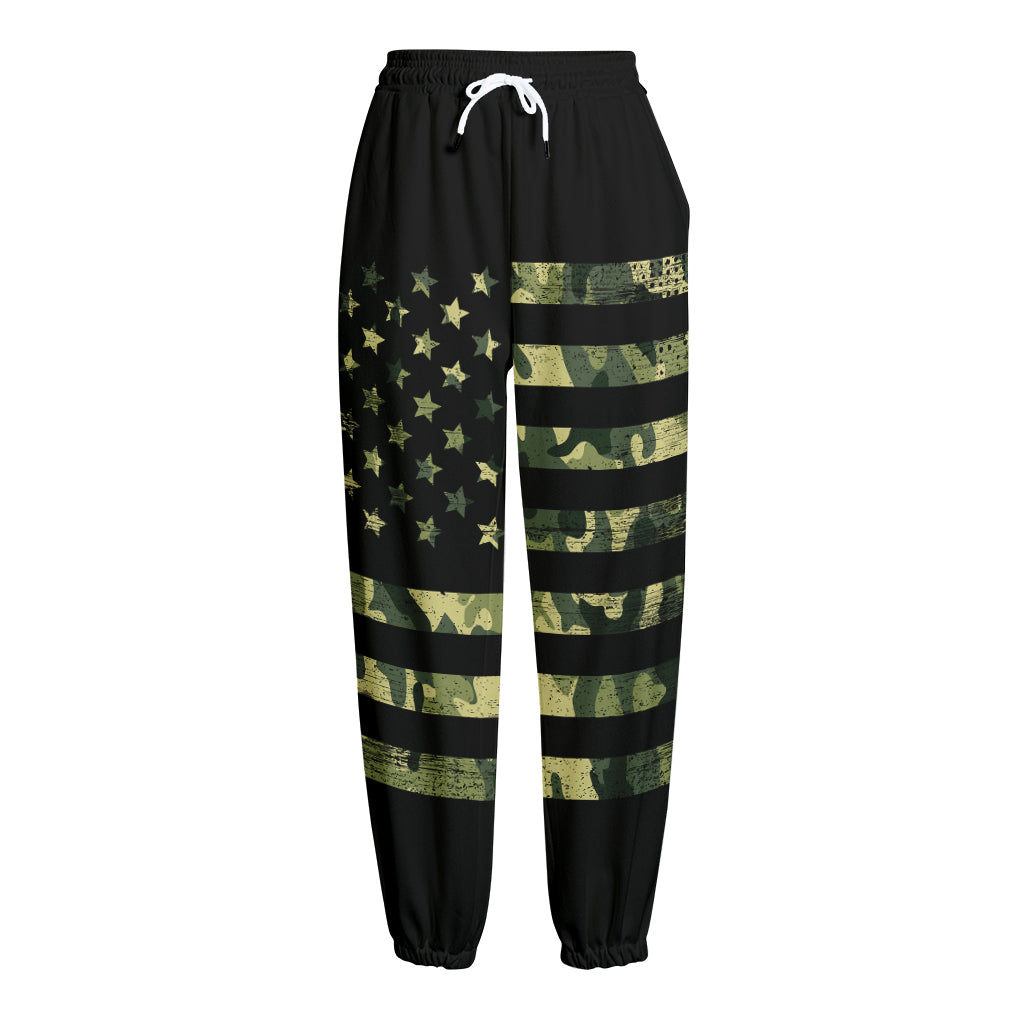 Camouflage American Flag Print Fleece Lined Knit Pants