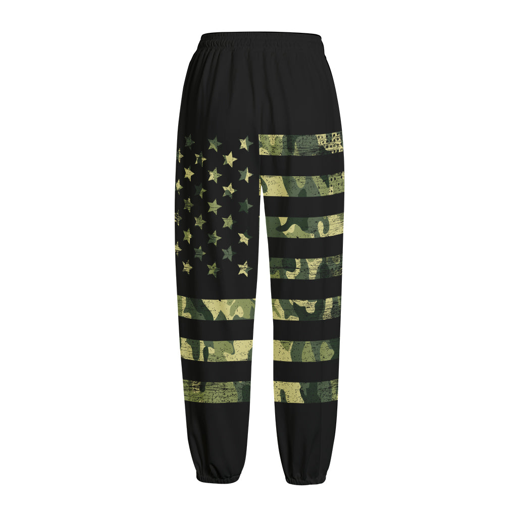 Camouflage American Flag Print Fleece Lined Knit Pants