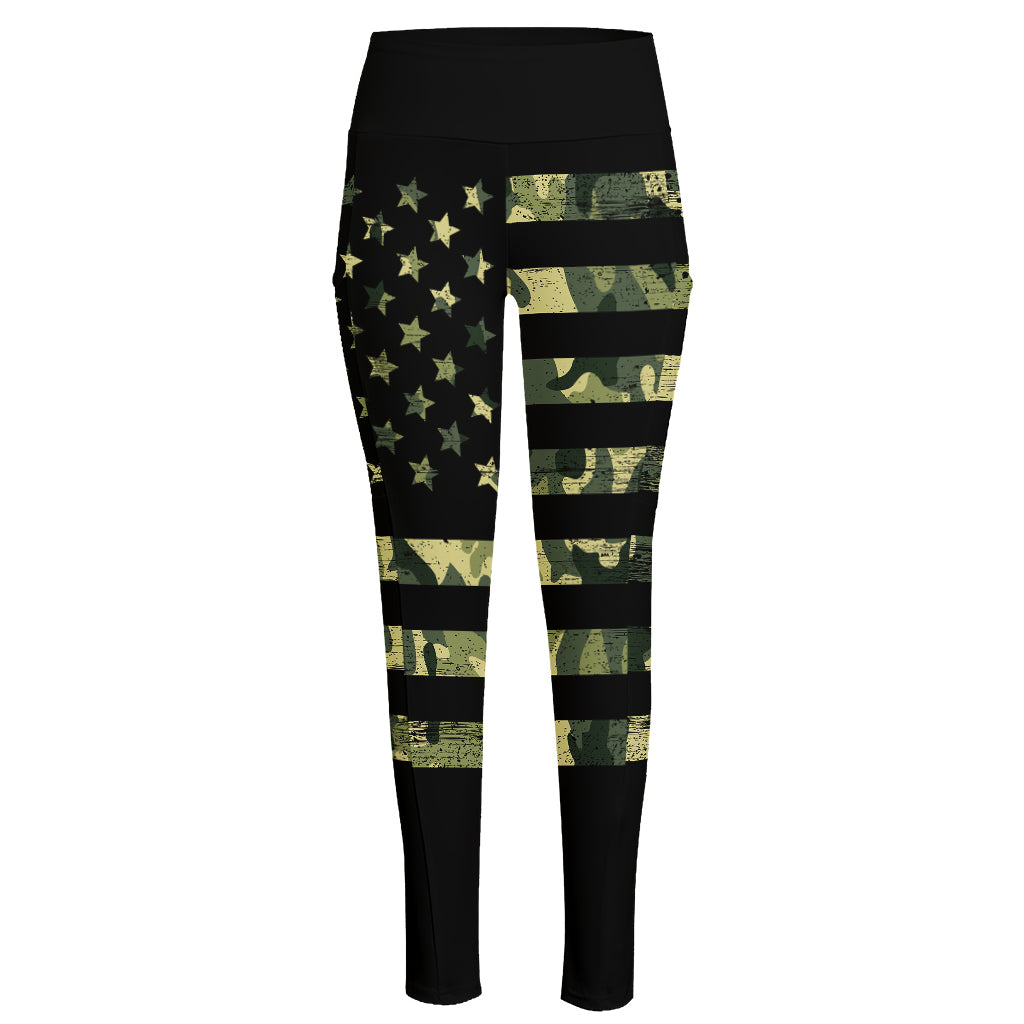 Camouflage American Flag Print High-Waisted Pocket Leggings