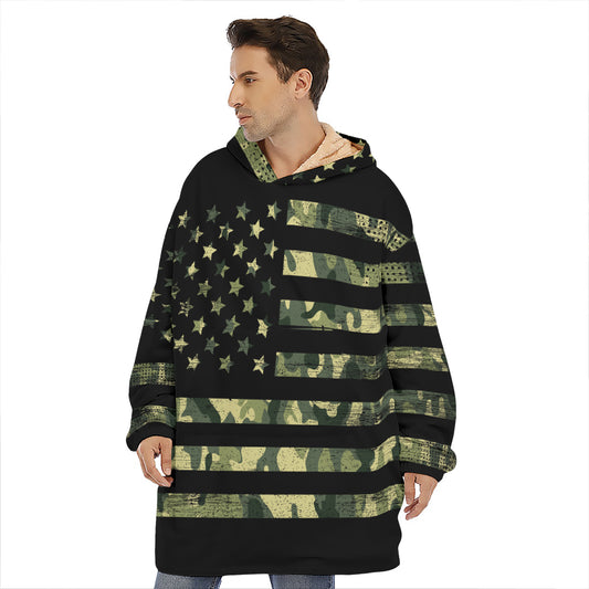 Camouflage American Flag Print Hoodie Blanket