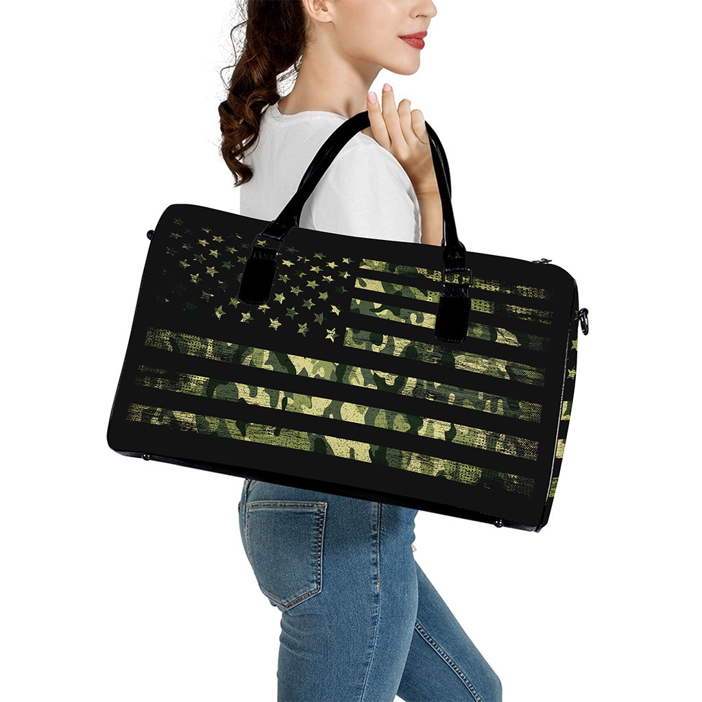 Camouflage American Flag Print Leather Duffle Bag