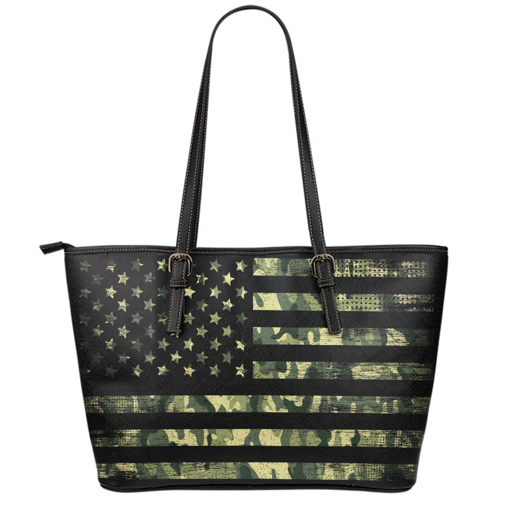 Camouflage American Flag Print Leather Tote Bag