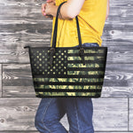 Camouflage American Flag Print Leather Tote Bag
