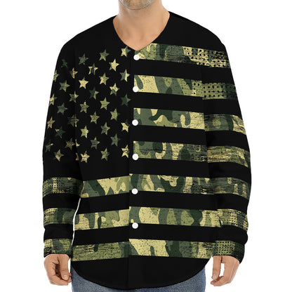 Camouflage American Flag Print Long Sleeve Baseball Jersey