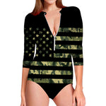 Camouflage American Flag Print Long Sleeve Swimsuit