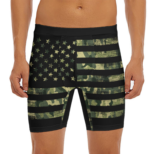 Camouflage American Flag Print Men's Long Boxer Briefs