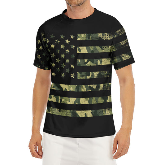 Camouflage American Flag Print Men's Short Sleeve Rash Guard