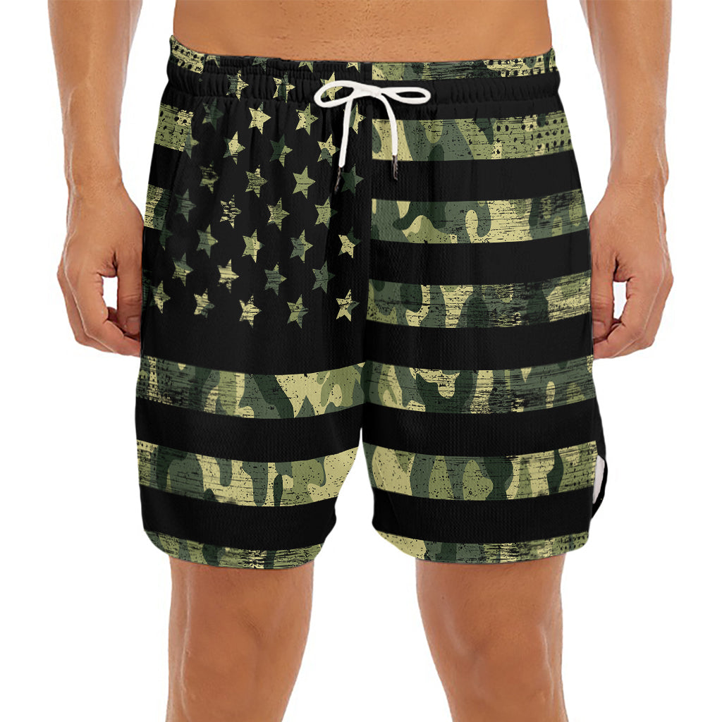 Camouflage American Flag Print Men's Split Running Shorts