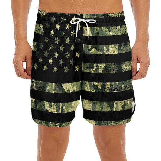 Camouflage American Flag Print Men's Split Running Shorts