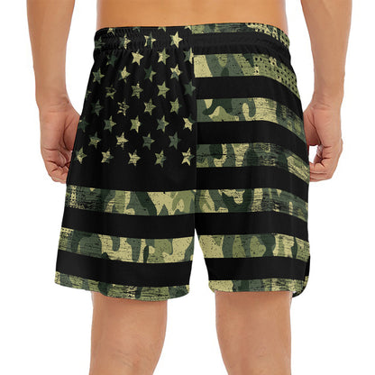 Camouflage American Flag Print Men's Split Running Shorts