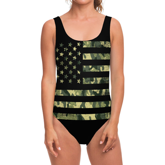 Camouflage American Flag Print One Piece Swimsuit