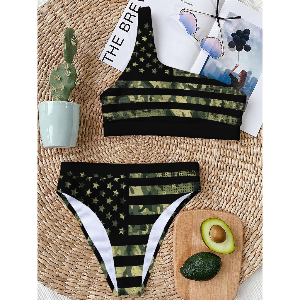 Camouflage American Flag Print One Shoulder Bikini Top