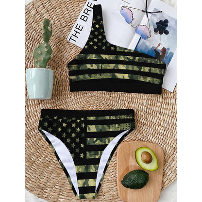 Camouflage American Flag Print One Shoulder Bikini Top