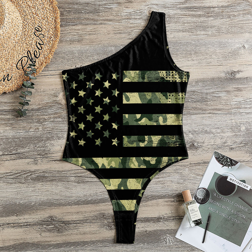 Camouflage American Flag Print One Shoulder Bodysuit