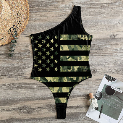 Camouflage American Flag Print One Shoulder Bodysuit